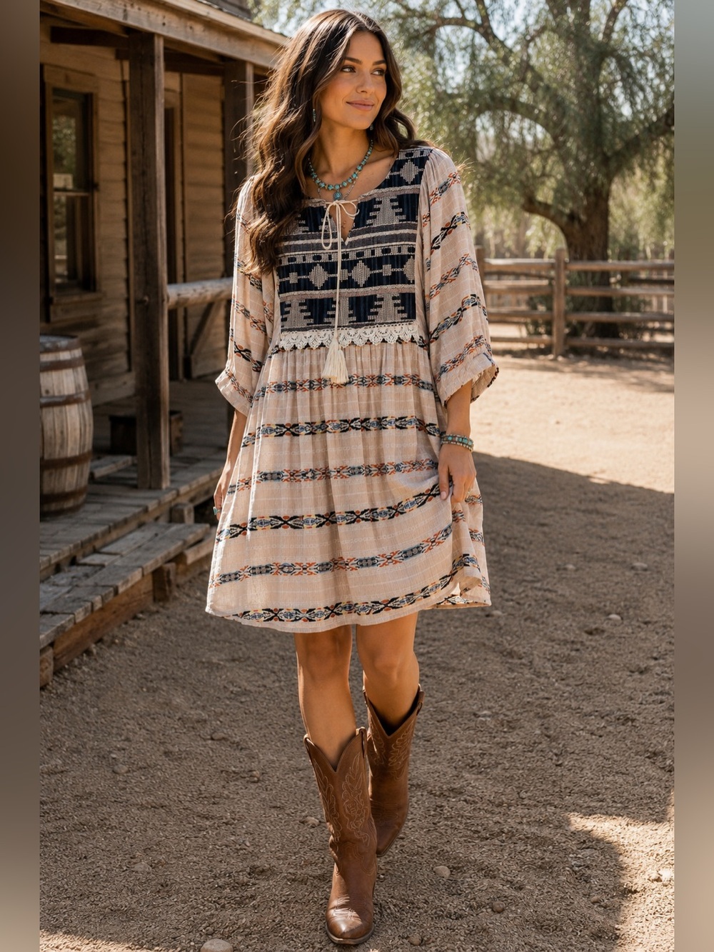 Hayden LA Boho Tribal Print Babydoll Dress Crochet Lace Tassel Small Western